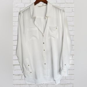 Calvin Klein white w/gold buttons blouse. Size Large. Long sleeve or folded 3/4